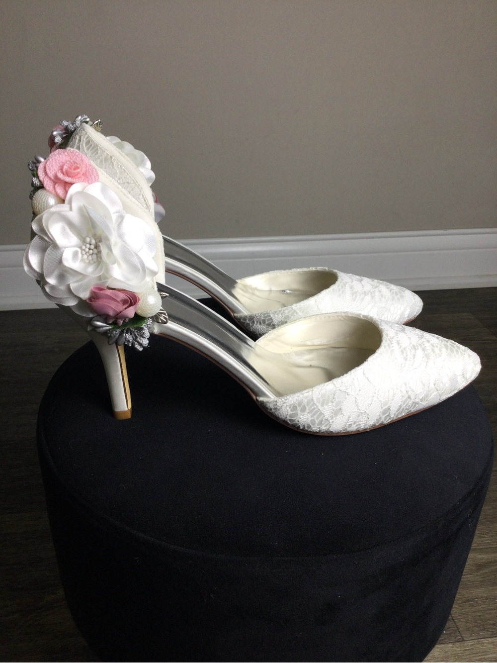 Lace Pointed White Bridal Heels with Pink Floral Accent